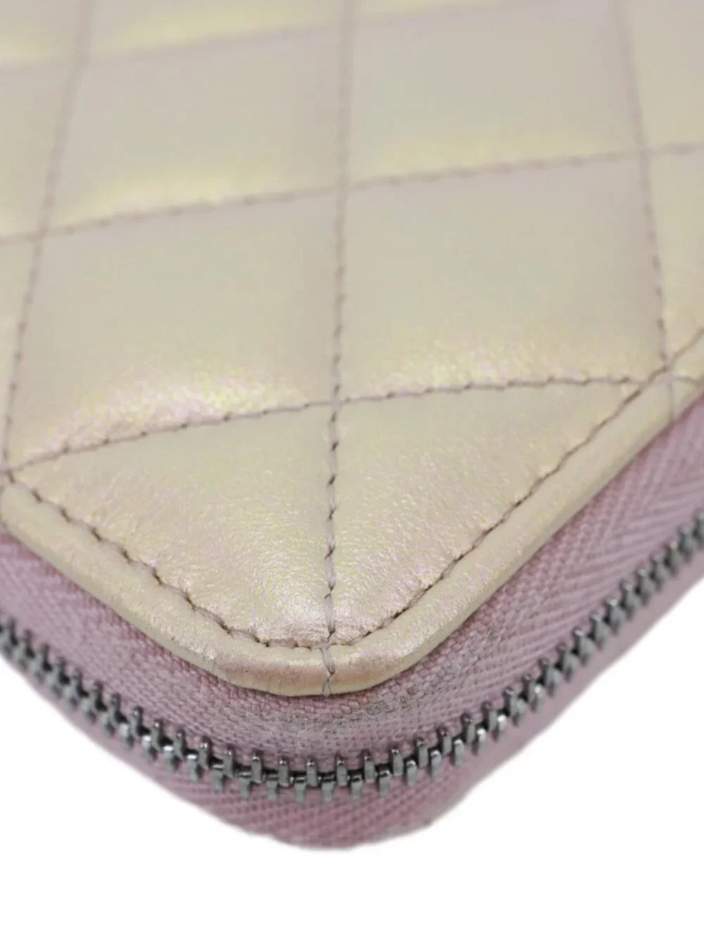Chanel  Gusset Iridescent Leather Zip Around Wallet Pink